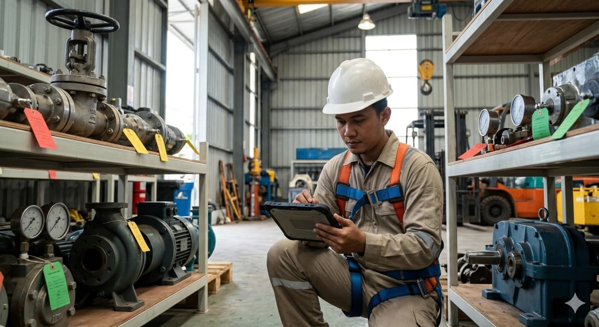 Engineer checking spare parts inventory in a warehouse