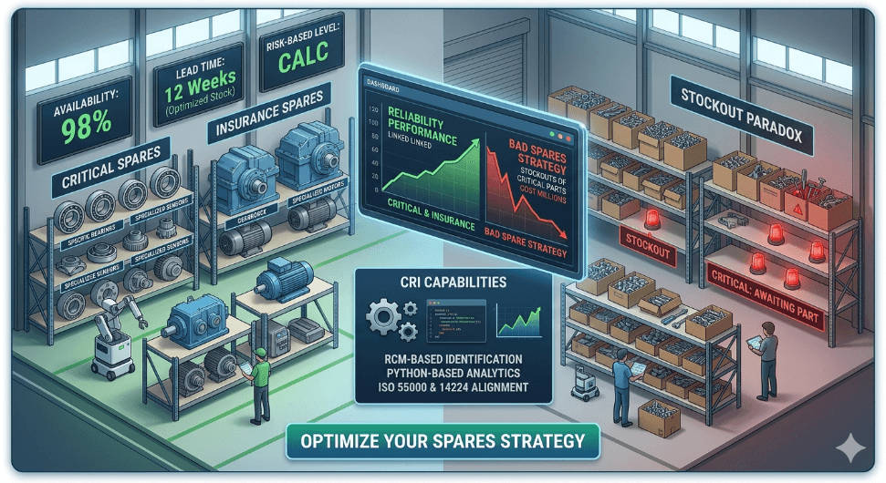Dashboard comparing critical spares strategy vs stockout paradox